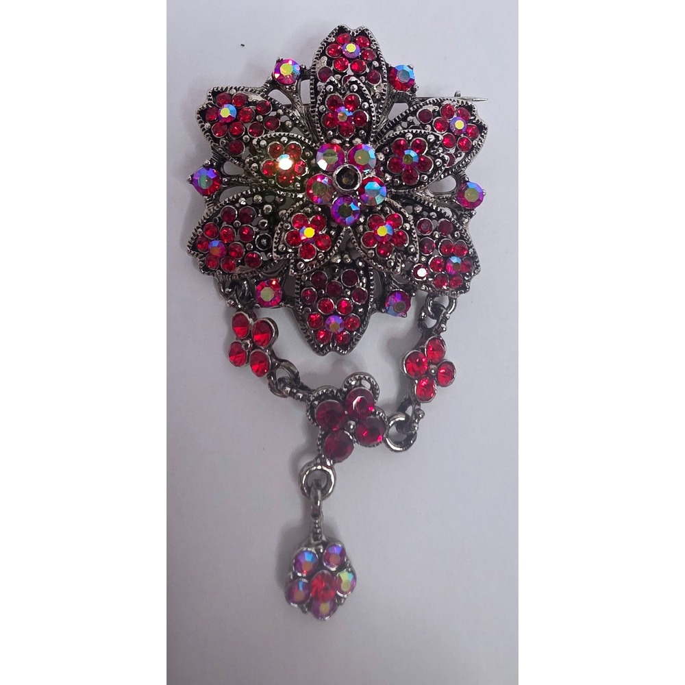 Vintage Pink AB Rhinestone Flower Dangle Brooch Gunmetal Victorian Style Pin